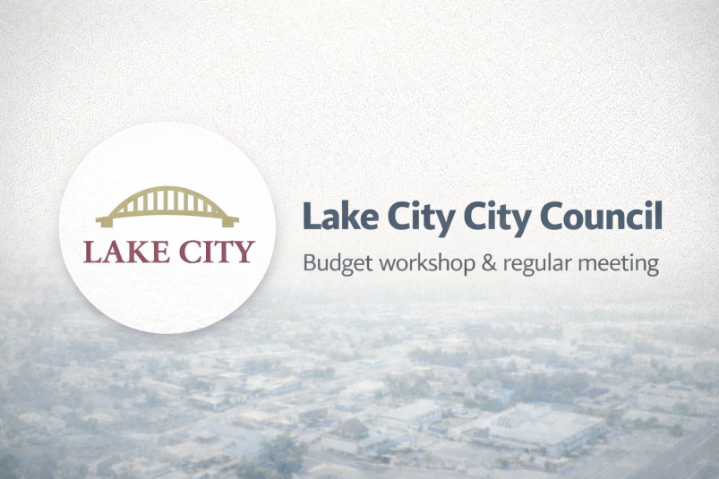 Graphic showing a Lake City City Council budget workshop and regular meeting update. 