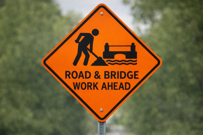 Road sign warning of road and bridge work ahead.