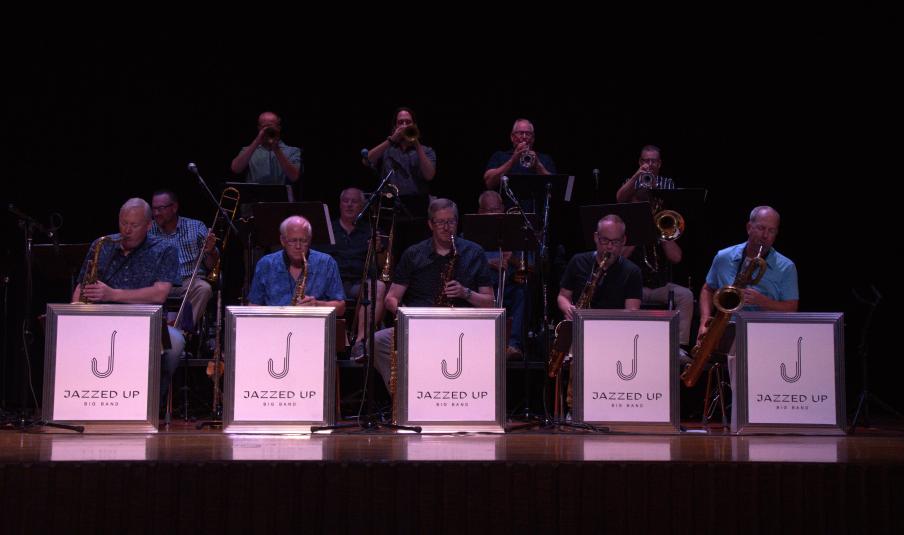 The 16-member band plays on stage during the concert.