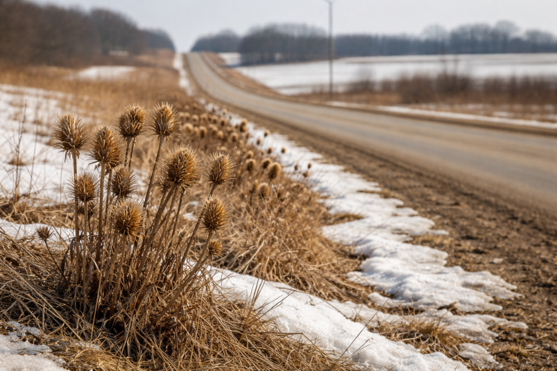 Dried weeds line a rural roadside during late winter