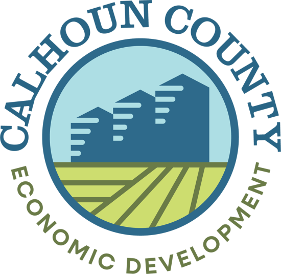 Calhoun County Economic Development's logo is a graphic image comprised of three blue silos and a green field.