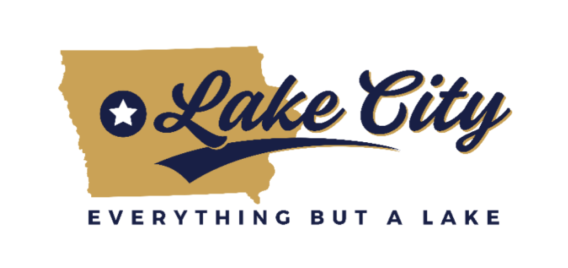The Lake City logo consists of an outlined map of the state of Iowa, a circled star indicating where Lake City is, and the phrase, "Lake City: Everything but a lake."