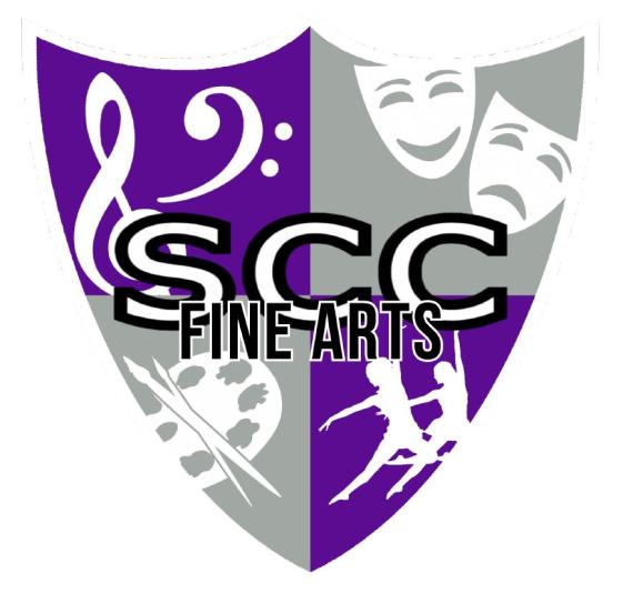 SCC Fine Arts logo is a shield with four images: a treble clef; two acting masks depicting happy and sad; two dancers; and a painting board.