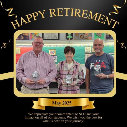 The three retiring teachers stand facing the camera, each holding a crystal and gold clock they received as a retirement gift.