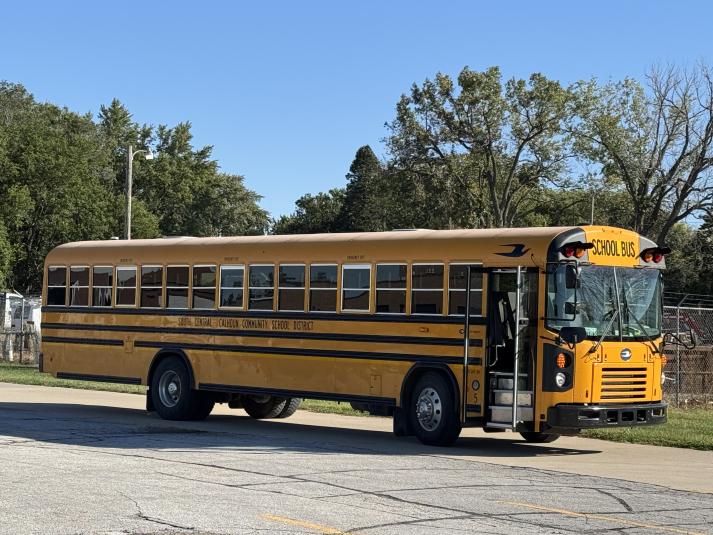 An exterior shot of one of the district's yellow school buses.