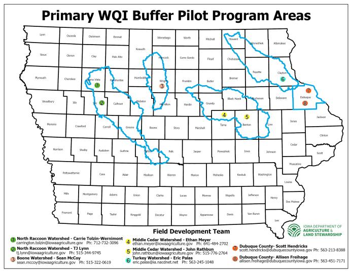 A map of counties in Iowa, with various watersheds outlined in blue.
